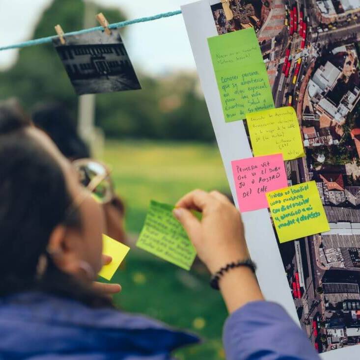 Mujer coloca postits de colores sobre un mapa del san juan de dios
