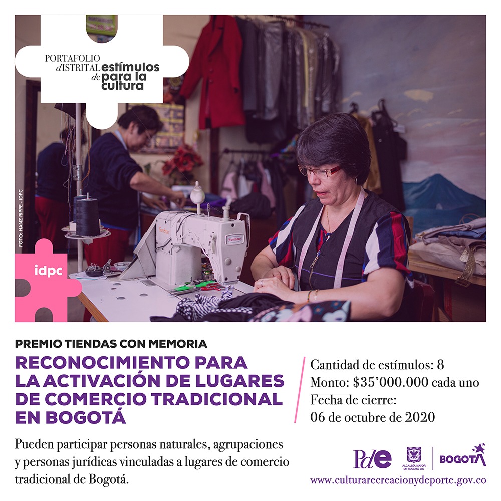 El IDPC, a través del Programa Distrital de Estímulos abre dos nuevas convocatorias, que entregarán 50 millones de pesos en total, con las que buscamos aportar a la reapertura económica de los comercios tradicionales y la activación de organizaciones en el campo del patrimonio cultural en Bogotá.