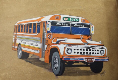 Cuadro artístico de un bus de color naranja con blanco con señalética que indica Suba y Buses Rojos, de marca Ford.