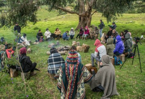 Un grupo de personas reunidas en el círculo de la palabra en el Parque Arqueológico y del Patrimonio Cultural de Usme.