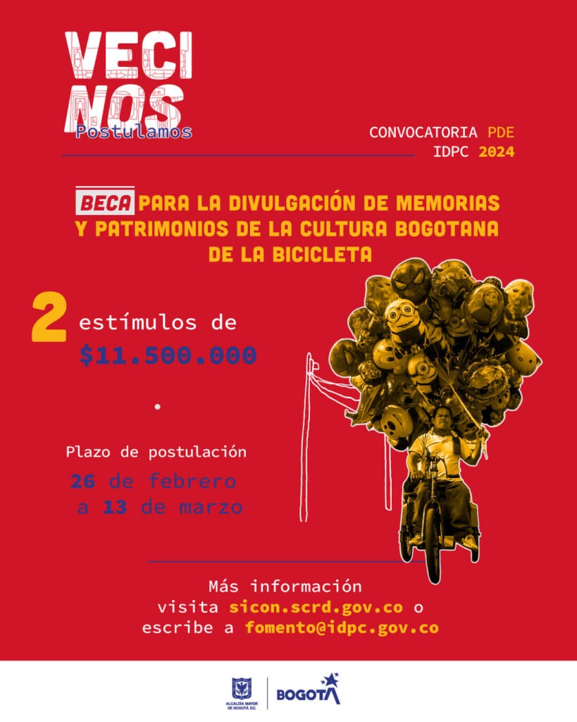 Pieza gráfica de la Beca para la divulgación de memorias y patrimonios de la cultura bogotana de la bicicleta del Programa de Estímulos para la cultura 2024