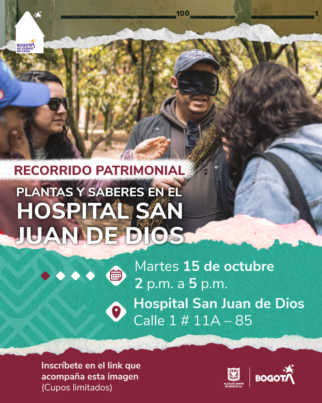 Pieza gráfica de invitación al recorrido Patrimonial plantas y saberes en el Hospital San Juan de Dios