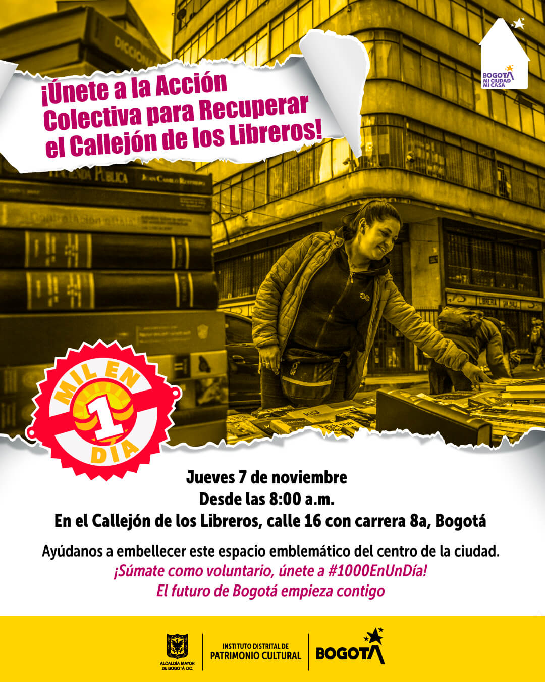 Pieza gráfica de invitación al evento de acción Colectiva para recuperar el Callejón de los Libreros