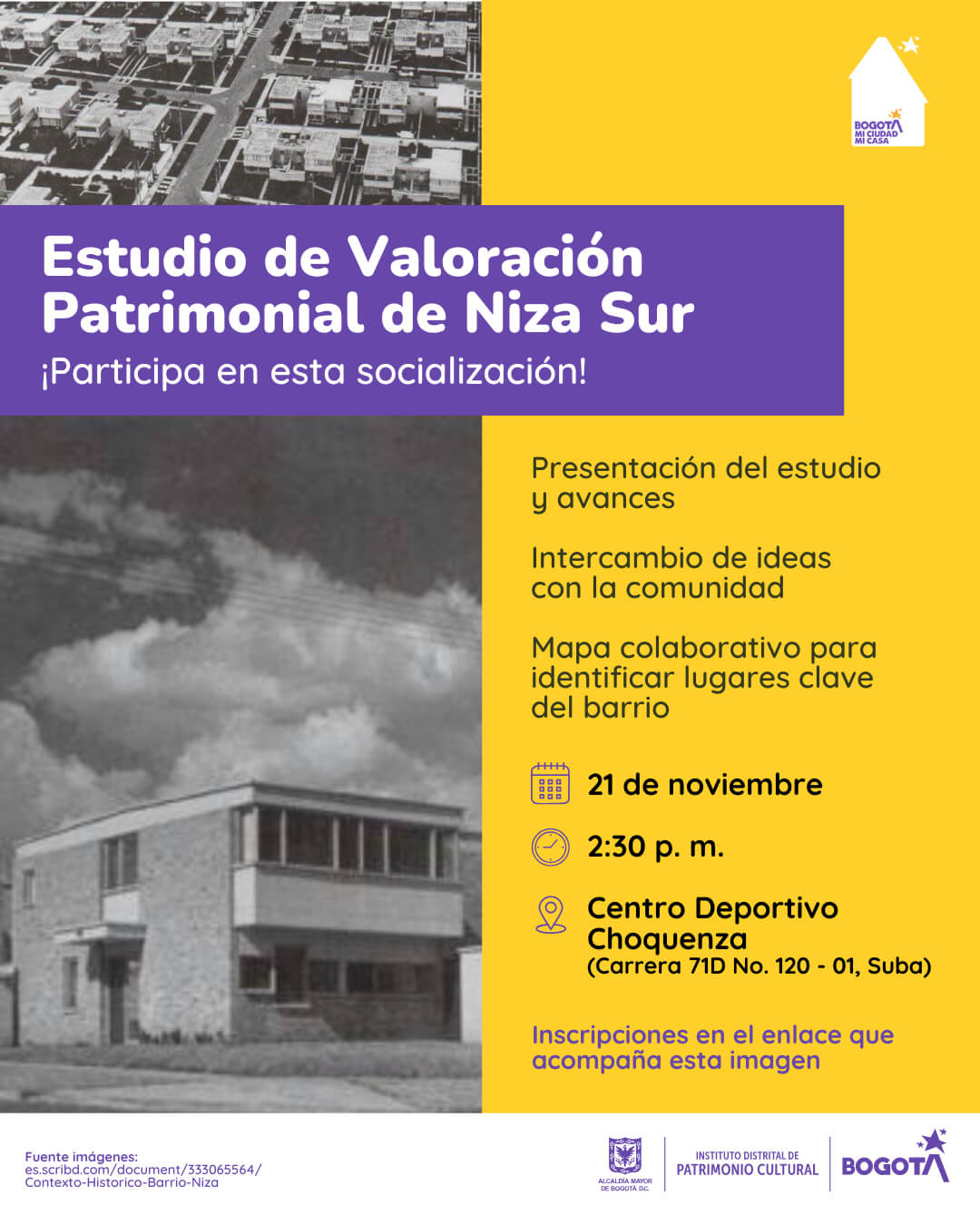 Pieza gráfica de invitación a participar en la socialización del Estudio de Valoración Patrimonial de Niza Sur