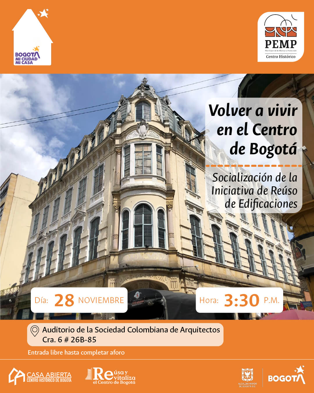 Pieza gráfica de invitación a la Socialización de la Iniciativa de Reúso de Edificaciones en el Centro de Bogotá