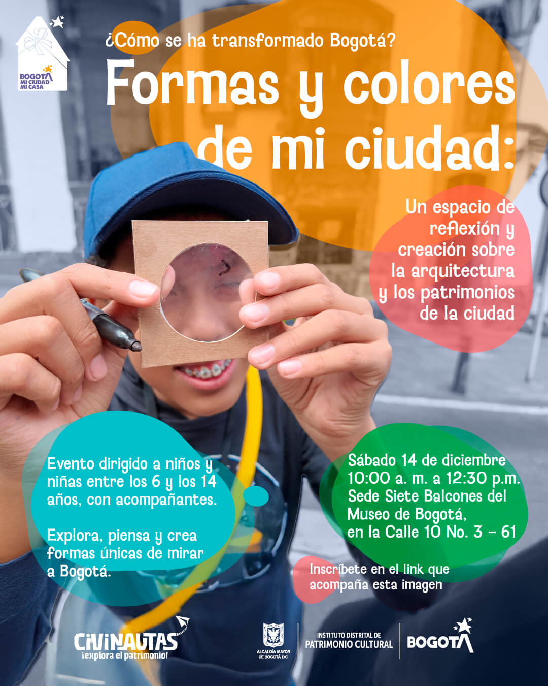 Pieza gráfica de invitación al taller Formas y colores de mi ciudad