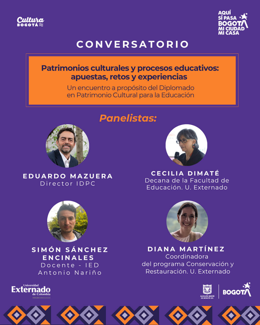 Pieza gráfica con los panelistas del lanzamiento del Conversatorio de lanzamiento del diplomado: educación y patrimonio en diálogo