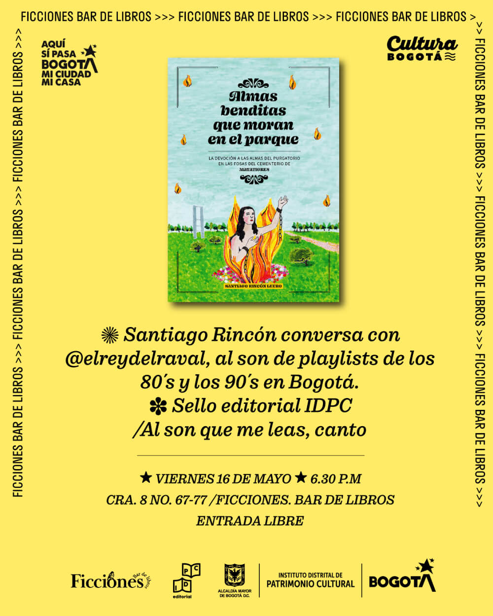 Pieza gráfica de invitación al Almas benditas que moran en el parque: una noche de lectura, música y memoria 