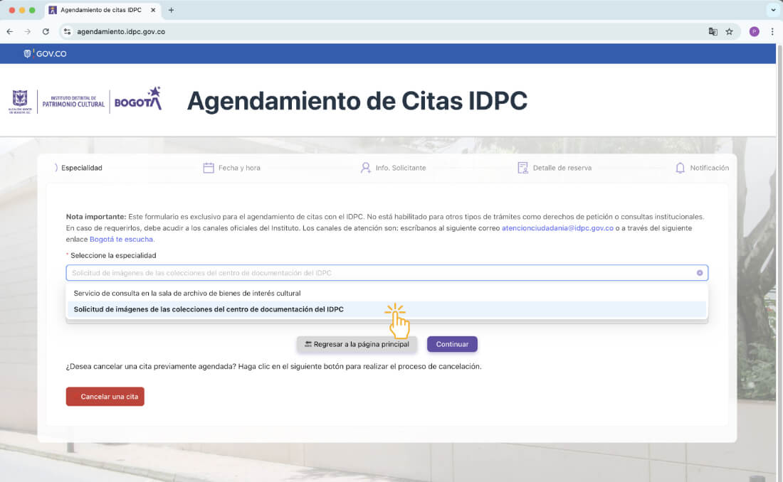 Pantallazo que muestra las especialidades a elegir para citas