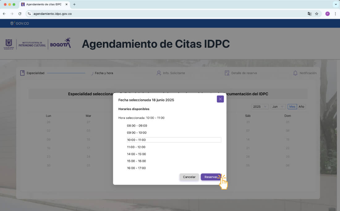 Pantallazo que muestra los horarios a elegir para citas