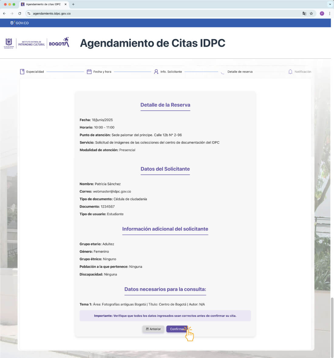 Pantallazo que muestra la verificación de los datos de la cita