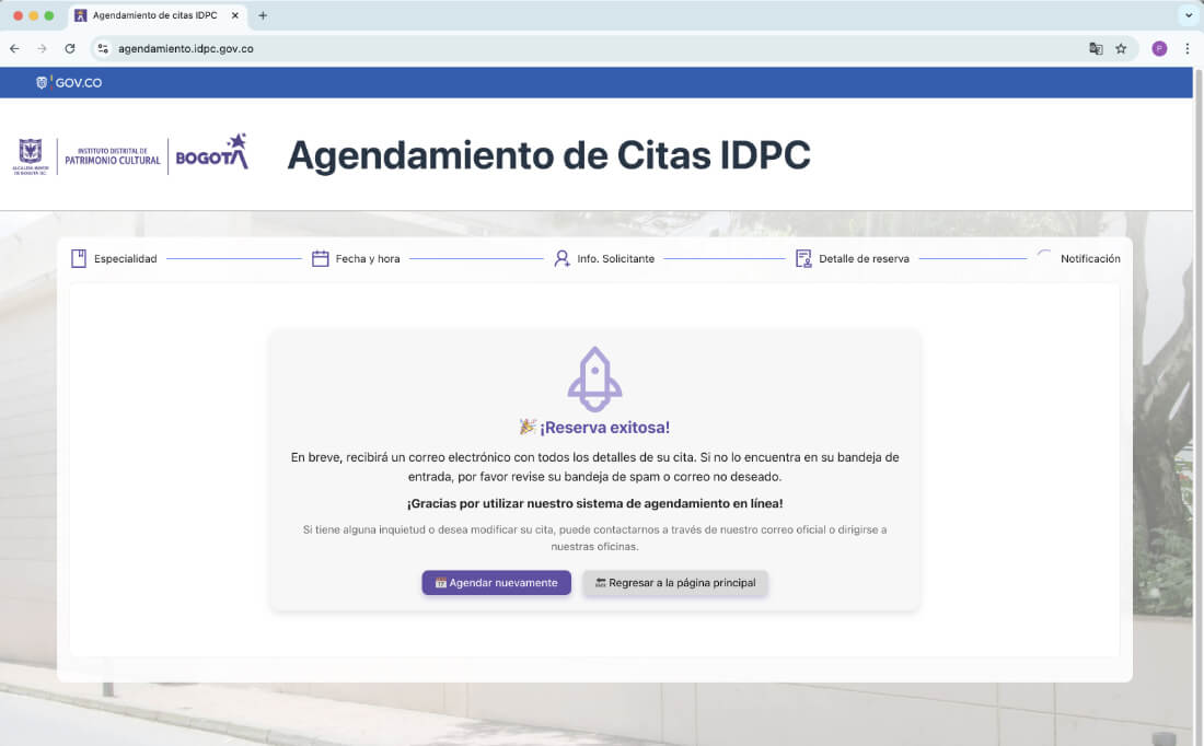 Pantallazo que muestra que la cita fue agendada con exito