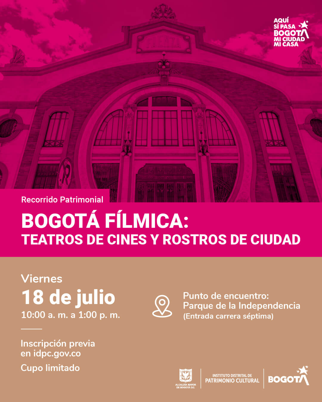 Pieza gráfica de invitación al Recorrido Patrimonial: Bogotá Fílmica. Teatros de cines y rostros de ciudad
