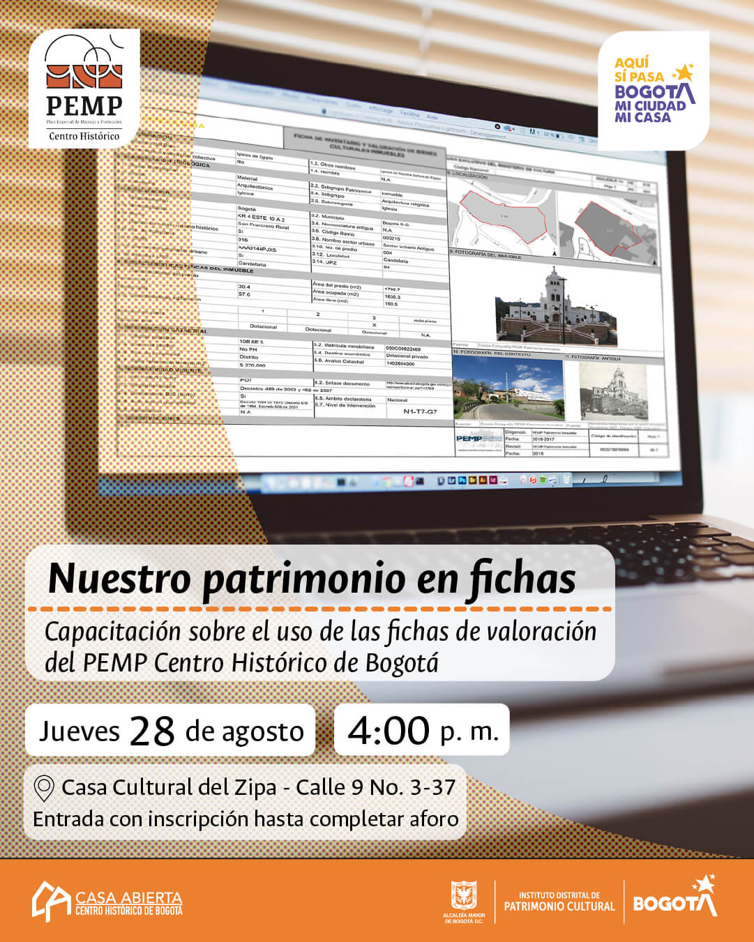 Pieza gráfica de invitación a Nuestro patrimonio en fichas: Capacitación sobre el uso de las fichas de valoración del PEMP Centro Histórico de Bogotá