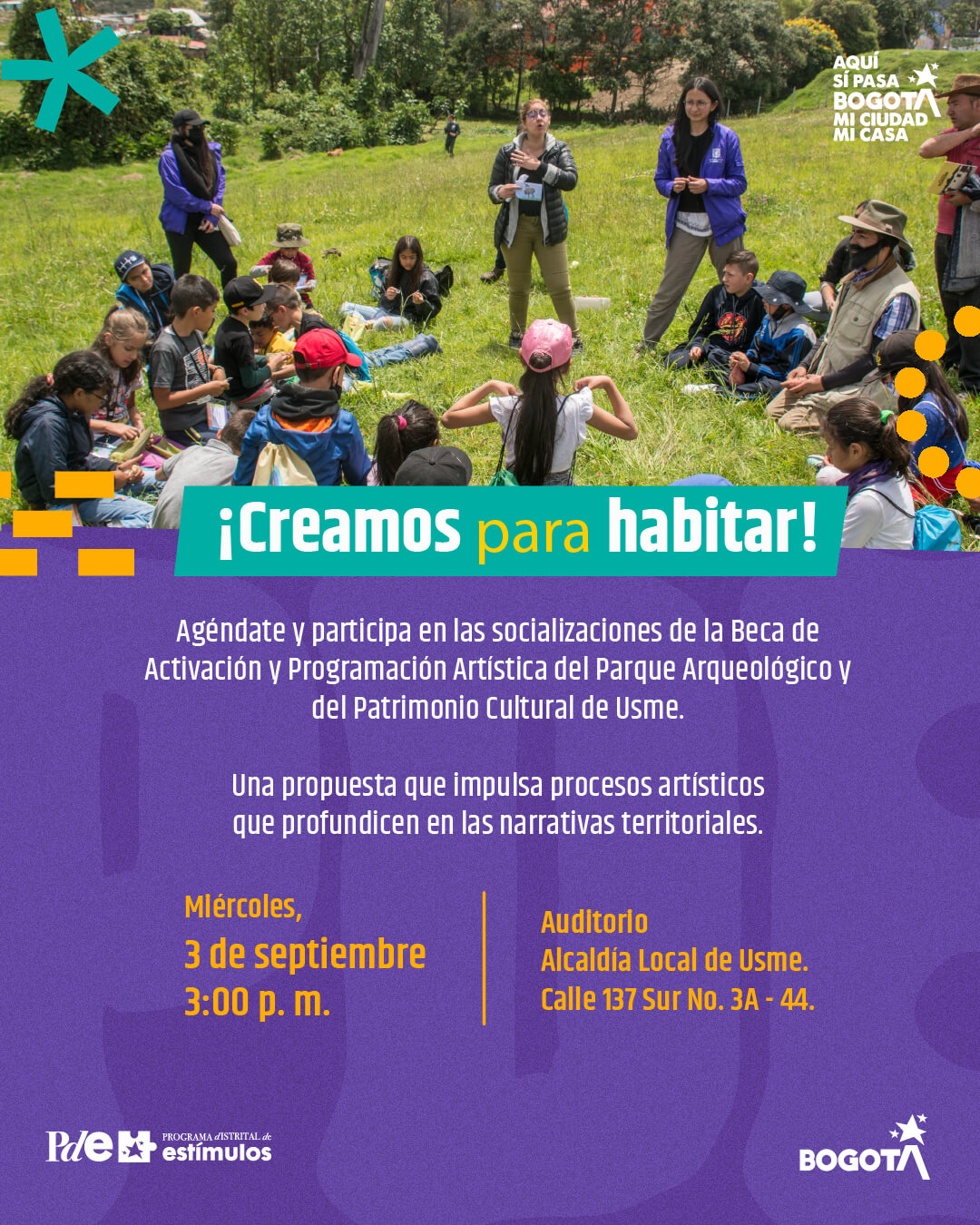 Pieza gráfica de invitaicón a la Socialización de la Beca de Activación y Programación Artística del Parque Arqueológico y del Patrimonio Cultural de Usme