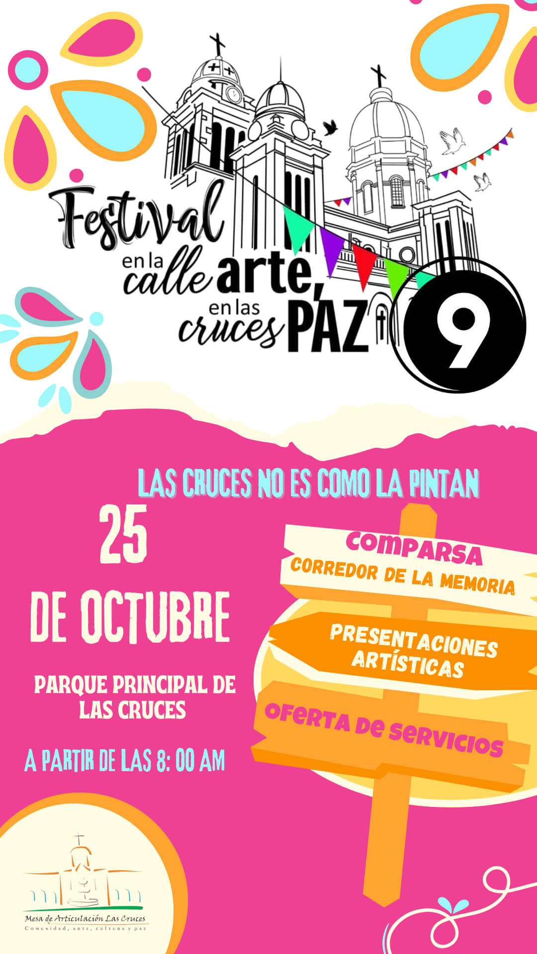 Pieza gráfica de invitación al 9° Festival En la calle el arte, en Las Cruces la paz. Las Cruces no es como la pintan