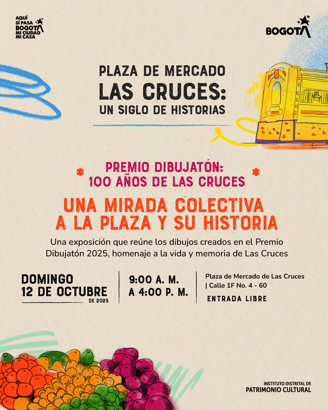 Pieza de invitacion a Exposición Dibujatón: 100 años de Las Cruces Una mirada colectiva a la plaza y su historia