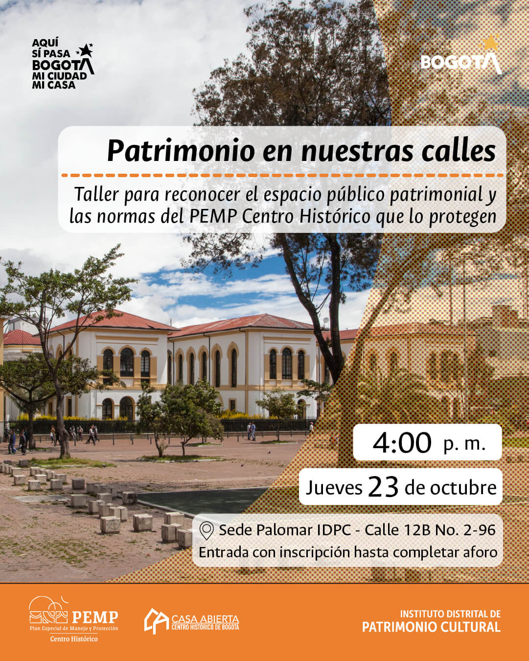 Pieza gráfica de invitación al Taller Patrimonio en nuestras calles. Normativa sobre espacio público en el PEMP Centro Histórico.