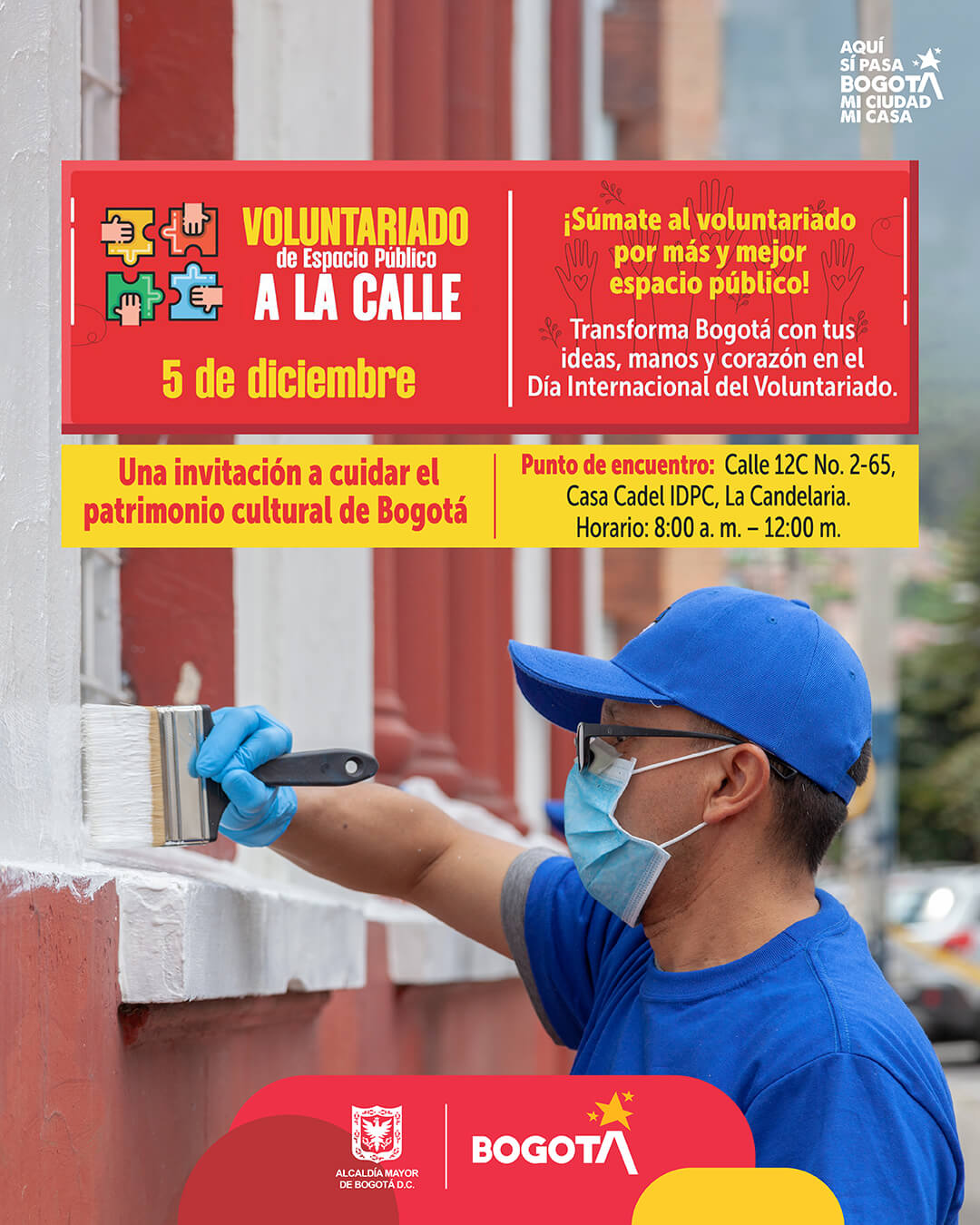 Pieza gráfica de invitación a Jornada del Día Internacional del Voluntariado: una invitación a cuidar el patrimonio de Bogotá