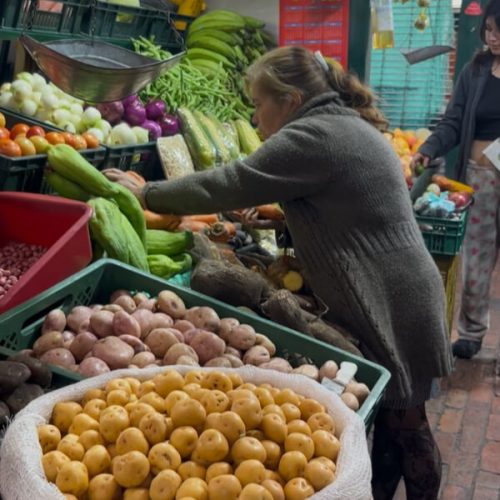 Puesto de la Plaza de Mercado Las Cruces con frutas y verduras, como parte del entorno del Premio Dibujatón 2025.
