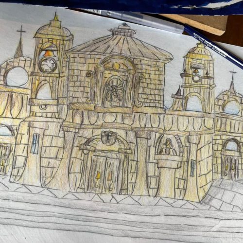 Ilustración de una iglesia en proceso de color, realizada por un participante del Premio Dibujatón infantil y juvenil.