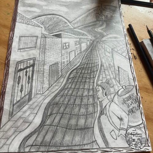 Dibujo a lápiz de una calle y viviendas, realizado por un participante del Premio Dibujatón infantil y juvenil.
