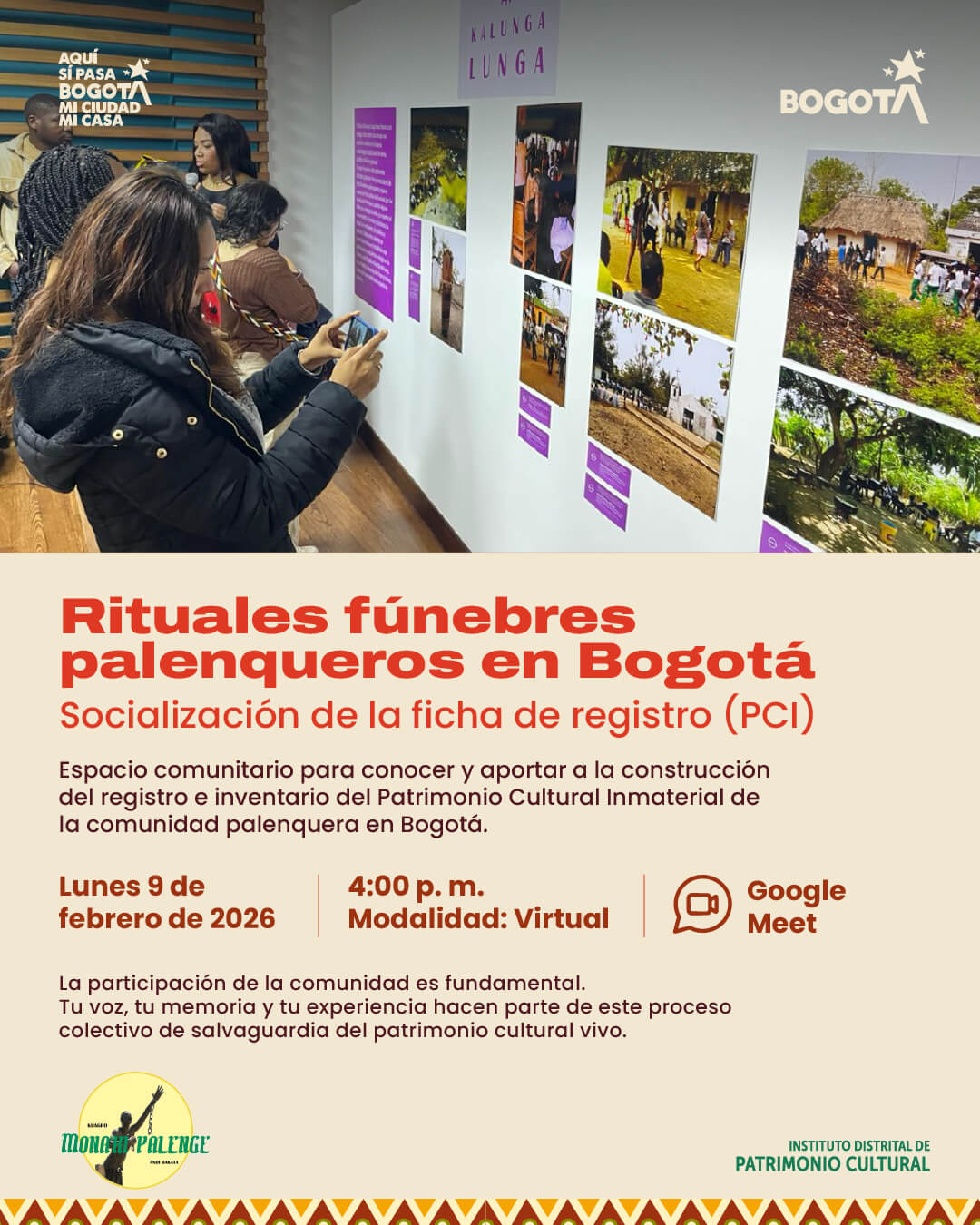 Pieza gráfica de invitación a la socializacion de los rituales fúnebres palenqueros en Bogotá