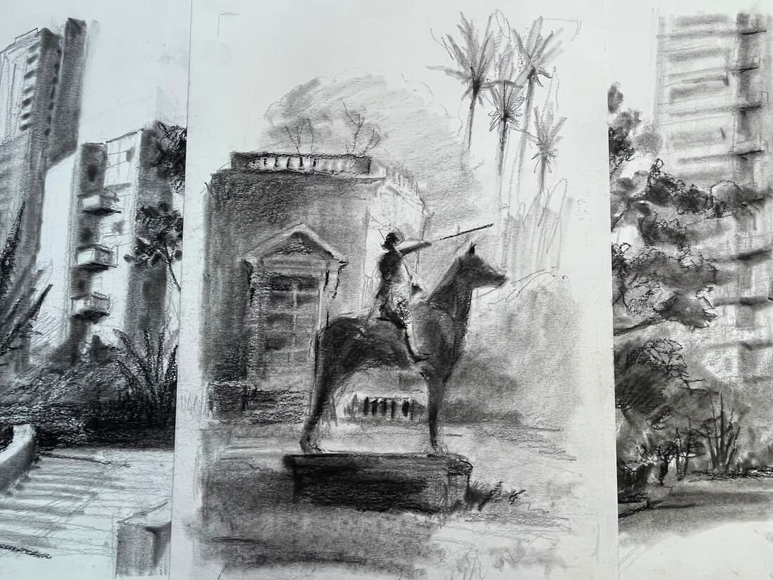 Mosaico de tres ilustraciones y grabados históricos en blanco y negro que representan monumentos, estatuas ecuestres y arquitectura patrimonial.