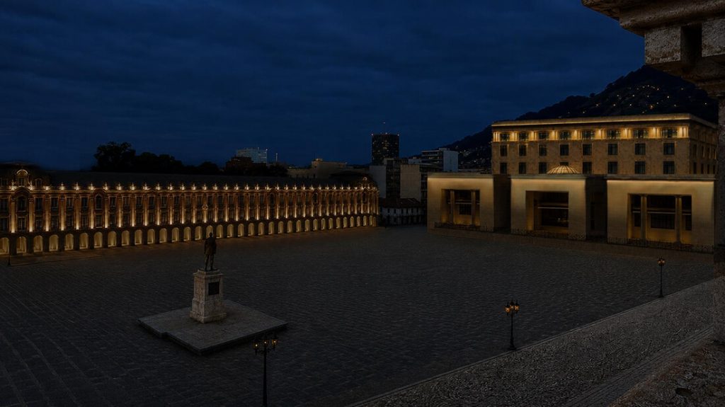 Render de la Iluminación arquitectónica LED en la fachada lateral de los edificios patrimoniales que rodean la Plaza de Bolívar.