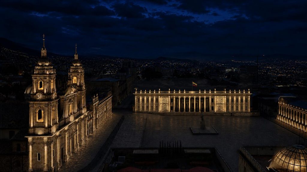 Render de una vista panorámica nocturna de la Plaza de Bolívar en Bogotá con la Catedral Primada iluminada en cálidos tonos dorados.
