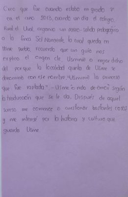Gráfico de nota escrito a mano en la que un participante del patrimonio vivo de Usme en la que relata anécdota que lo acercó al patrimonio cultural de Usme en su niñez.