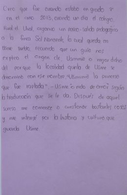 Gráfico de nota escrito a mano en la que un participante del patrimonio vivo de Usme en la que relata anécdota que lo acercó al patrimonio cultural de Usme en su niñez.