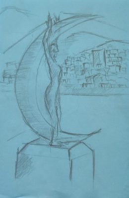 Gráfico de un dibujo a mano en lápiz de un monumento de una figura femenina y una media luna.